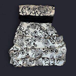 Strapless black and white rose print ruffle skirt mini dress